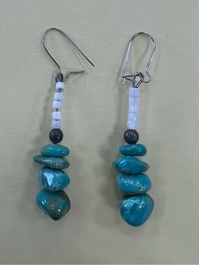Turquoise Chip Dangle Earrings with White Bead Accents